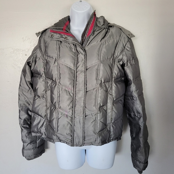 Maurices Women's Large Silver Pewter Coat Winter Jacket Fur Hood Quilted Satin - Picture 1 of 9